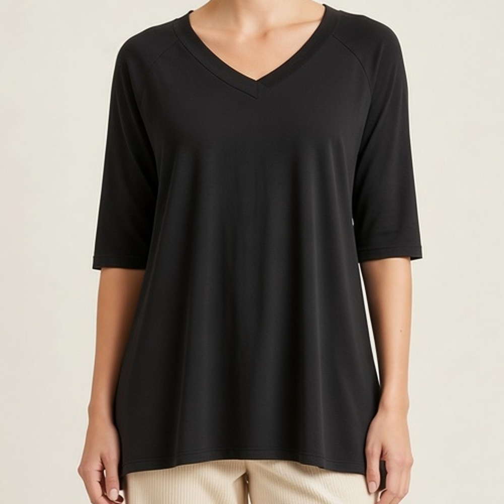 Wanna B NWT Black V-Neck Tunic Tee Raglan Elbow Sleeve Curved Hem Women S